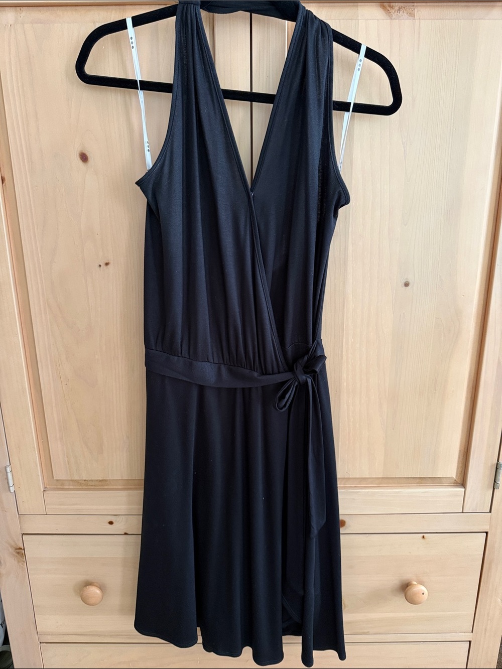 Three Dots Black Halter Wrap Knee-Length Dress
